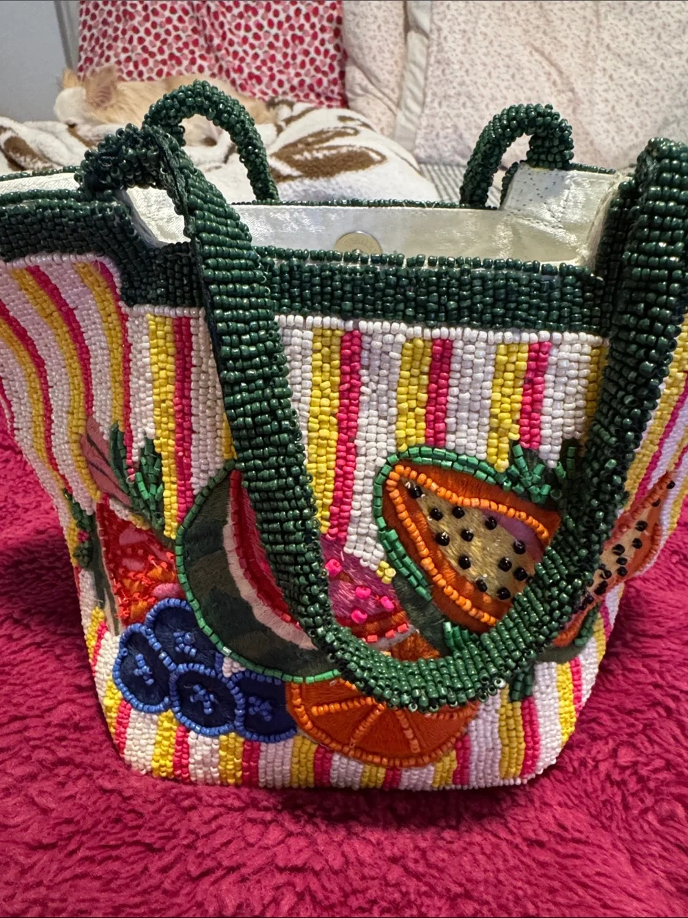 Hand-Beaded Tropical Fruit Tote in Green and Multicolor